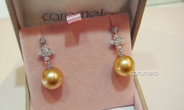 金色珍珠手工訂製鑽石耳環 – 李媽媽